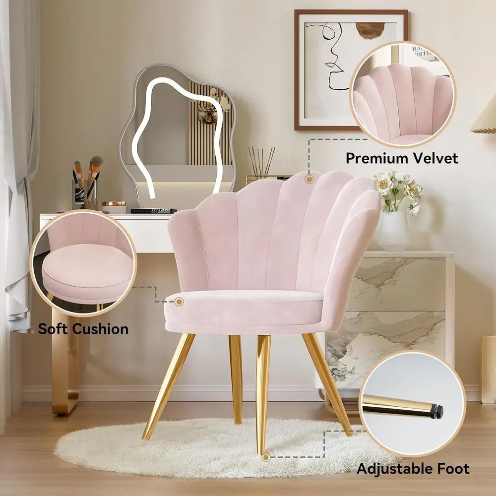 Velvet Accent Chair with Gold Metal Legs, Vanity Chair or Makeup Room, Upholstered Gt Chair or Living Room, or Bedroom, Light Pi - view 3