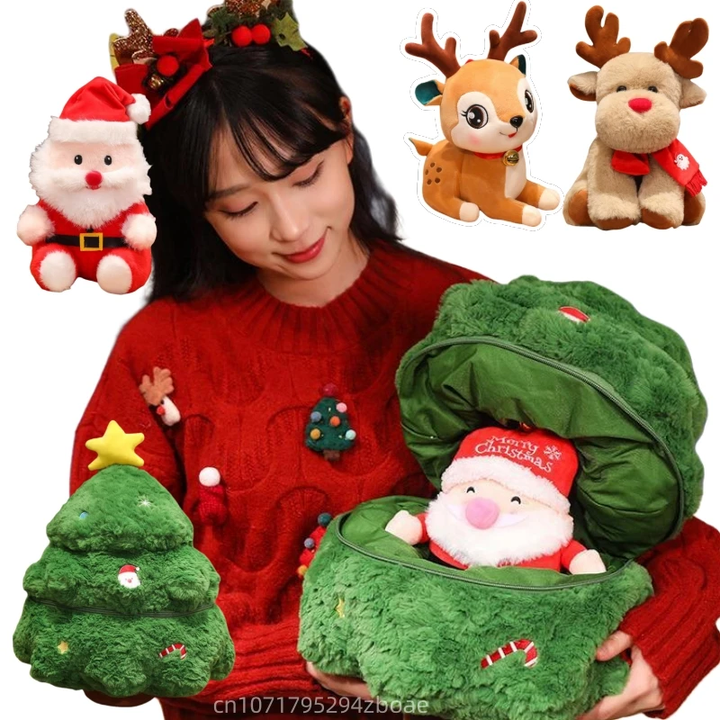 Kawaii Funny Christmas Series Plush Doll Pillow Elk Santa Tree Combined Plush Toy Home Decor For Boys And Girls Christmas Gift