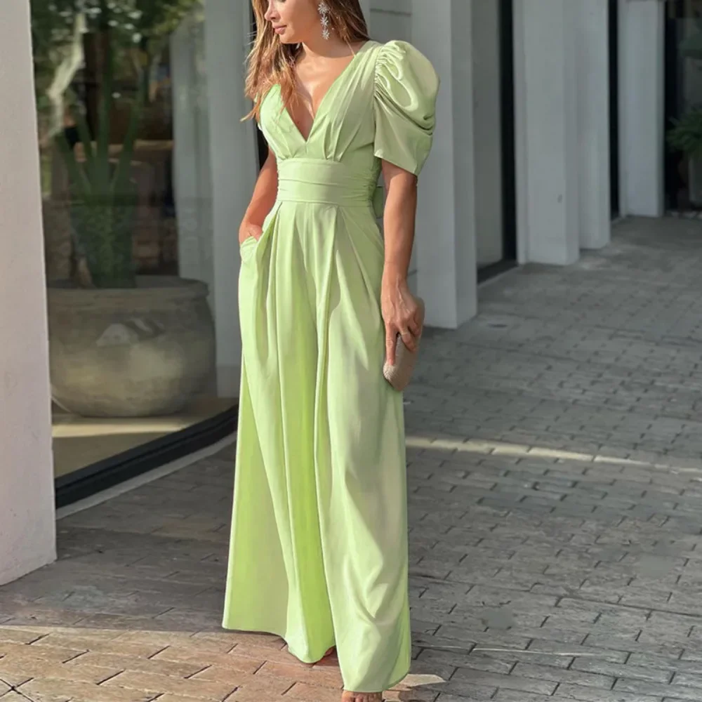 

Jumpsuits One Piece V Neck Solid Rompers Overalls Wide Leg Pants Pockets Spliced Sexy High Waist jumpsuit Casual 2025