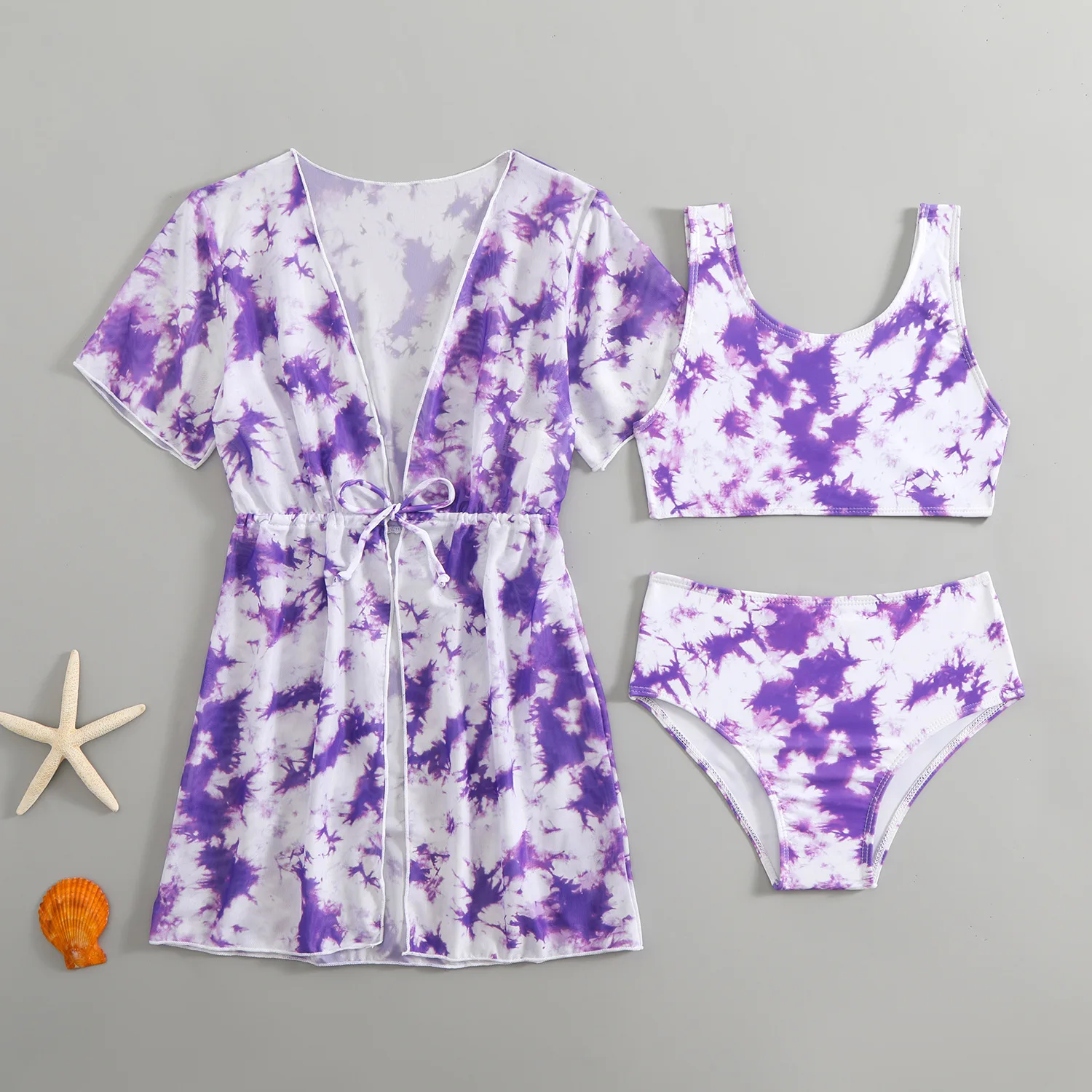 

Комплект из 3 предметов: купальник-бикини для девочек с гавайской накидкой и сетчатым пальто для пляжа