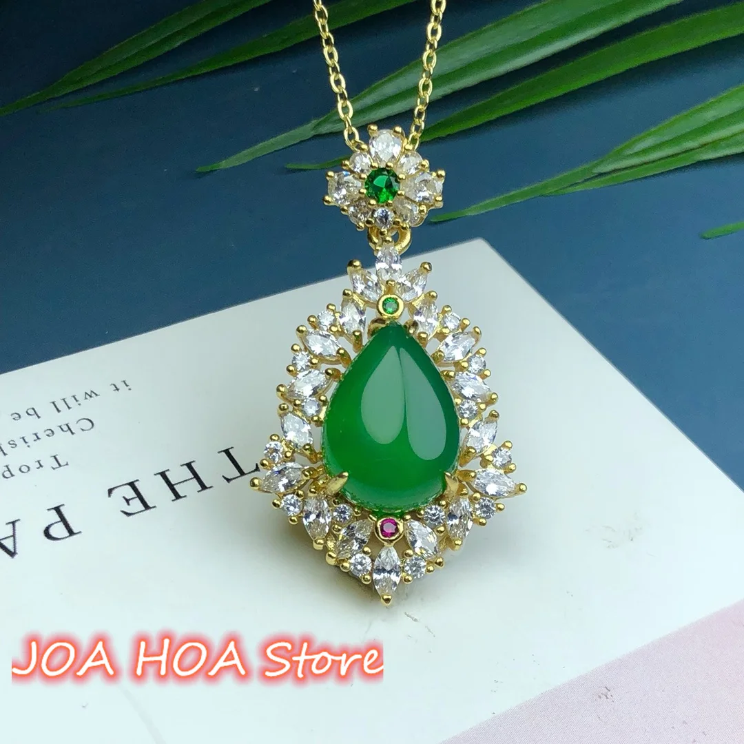 Emerald Green Chalcedony Pendant Chain Gold Plated Inlaid Drop Shaped Agate Jade Zircon Necklace High Quality Jewelry