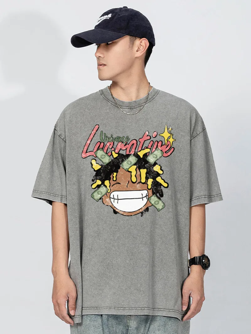 하라주쿠 남성용 오버사이즈 티셔츠, 헤비웨이트 워싱 만화 그래픽 티셔츠, 빈티지 티, 여름 힙합 하이 스트리트 스트리트웨어