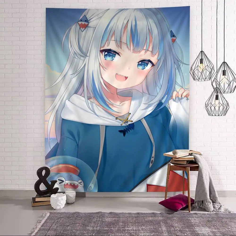 Hololive VTuber Gawr Gura Bedruckter großer Wandteppich zum Aufhängen, Tarot-Hippie-Wandteppiche, Wohnkunst, Heimdekoration