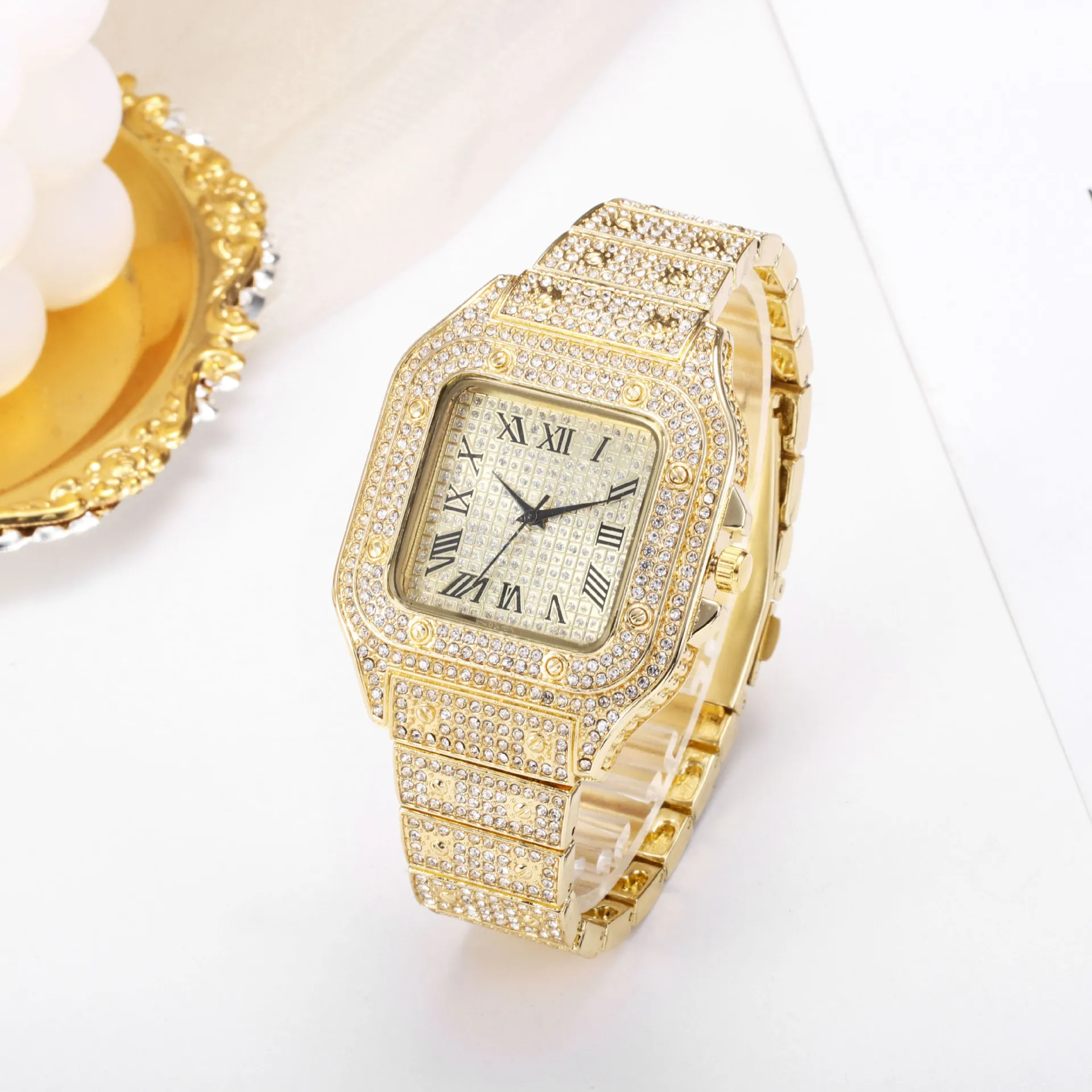 Fashion 2 pcs Set Hiphop Women Watch Men Iced-out Cuban Chain Bracelet Couple Quartz Watches Diamond Jewelry Gifts