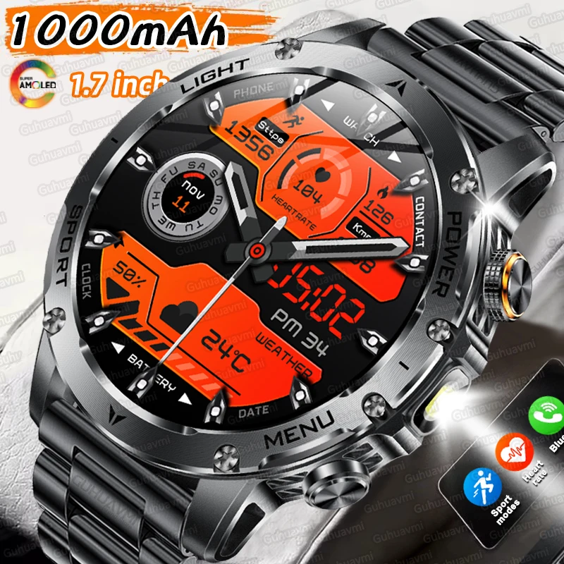 

2025 New 1000mAh Battery Sports Smart Watch Men 1.7" AMOLED Screen Compass Altimeter Flashlight Waterproof Call Adult Smartwatch