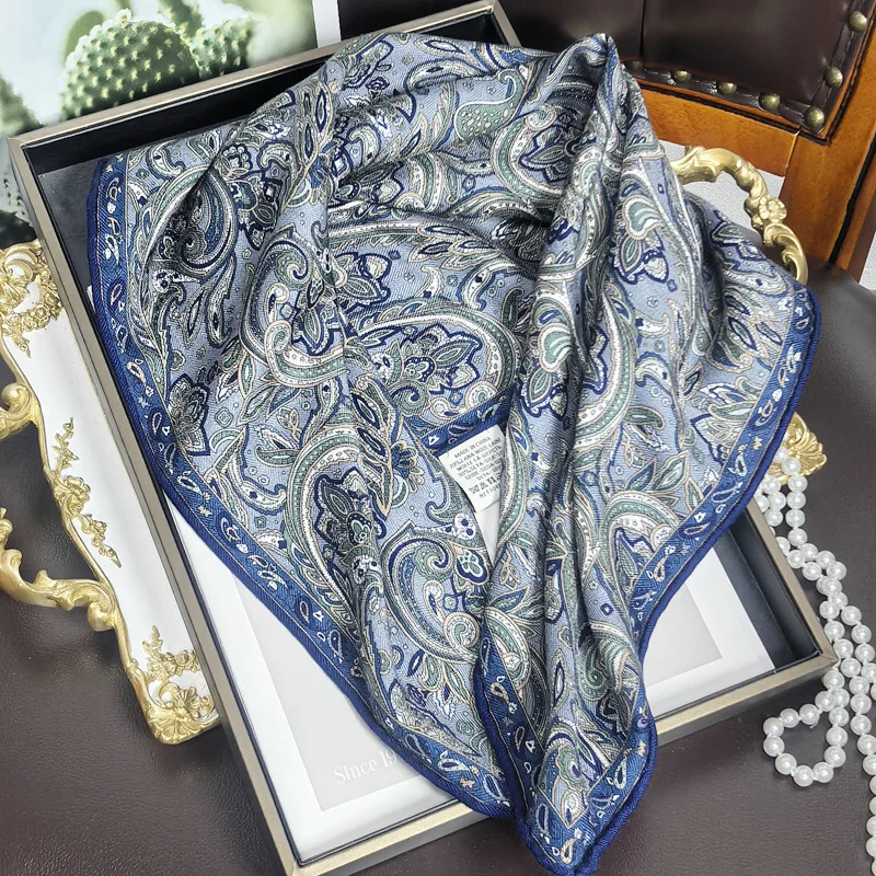 

2026 Wool Silk Headscarves Ladies Elegant 70% Wool 30% Silk Scarf Women Blue Paisley Print Neck Scarves Handkerchief