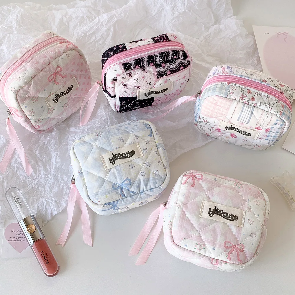 New Fashion Square Bow Quilted Makeup Bag Cute Girl Portable Travel Hygiene Cotton Bag Cosmetics Storage Bag Women Birthday Gift
