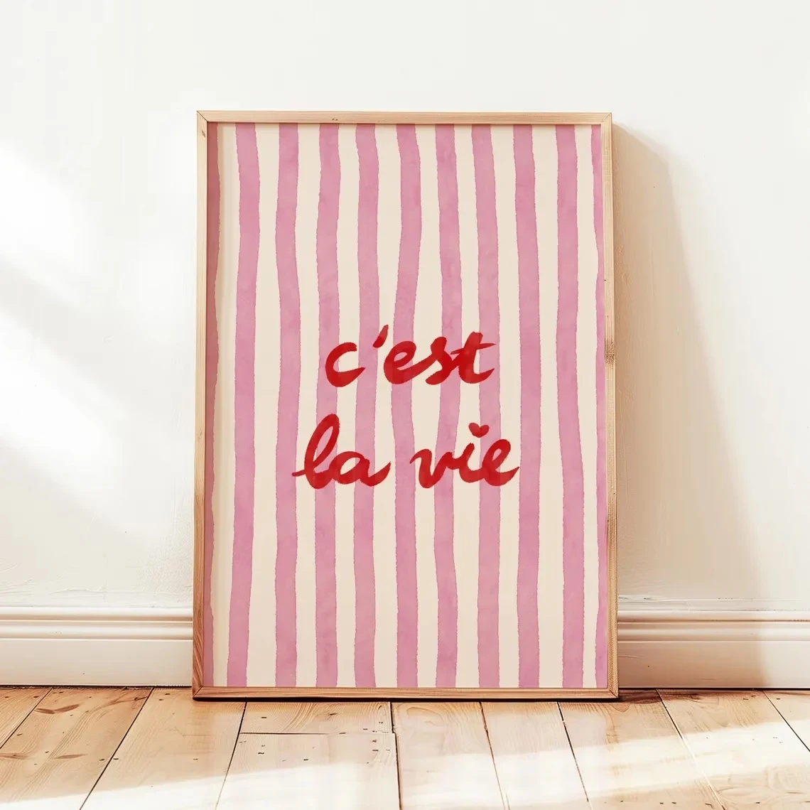 Arte de parede moderna e retrô com citação 'C'est La Vie', listras rosa, impressão em tela, pôster, imagem para quarto, sala de estar, decoração de casa