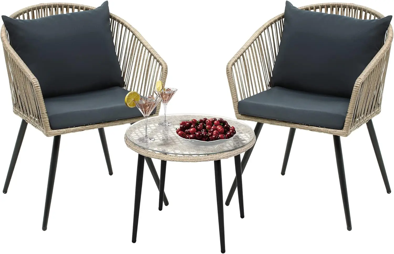 Outdoor Patio Wicker Bistro Set, Rattan Conversação Cadeiras para Quintal, Varanda e Deck com Almofadas, All-Weather