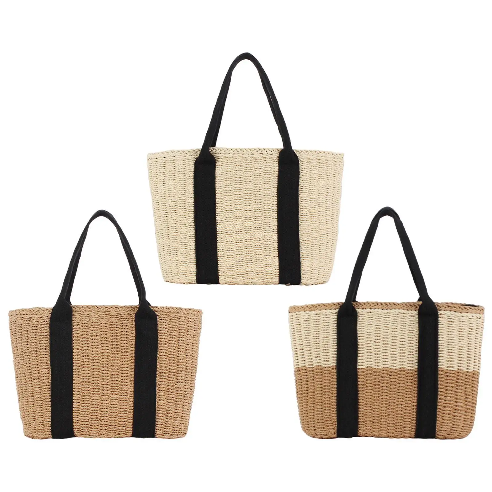 Hand Woven Tote Bag Fashionable with Handle Multipurpose Shopping Bag Solid Weekend Bag for Daily Camping Travel Beach Vacation