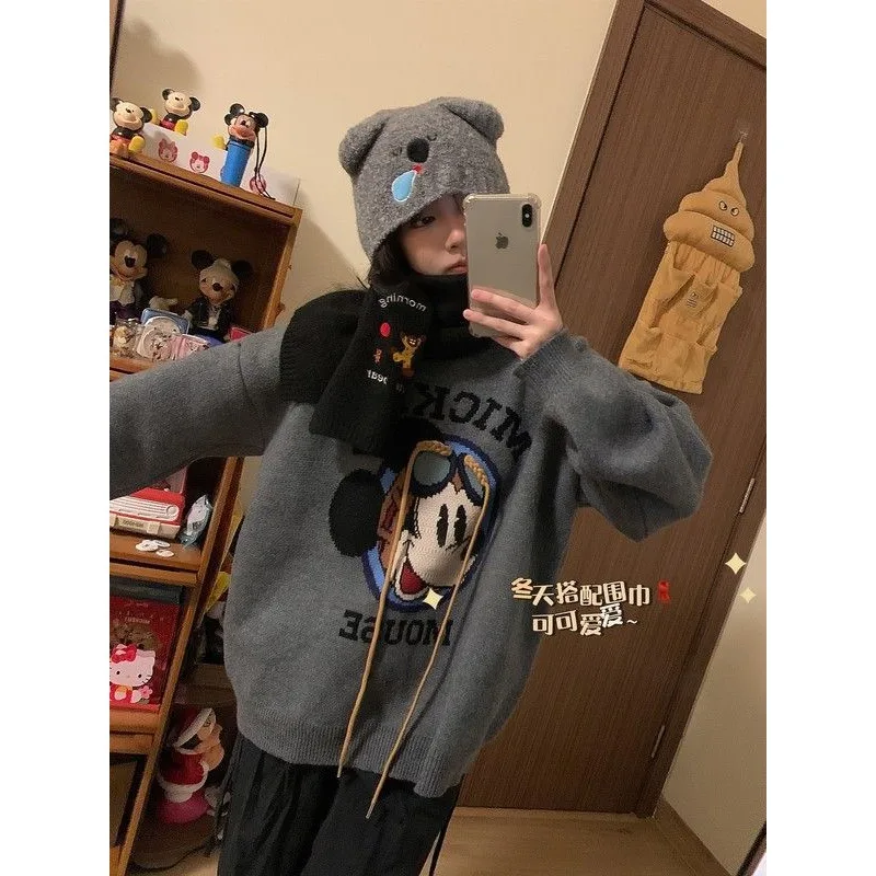 Creative New Kawaii Mickey Print Loose Round Neck Sweater Cute Disney Cartoon Autumn Casual Versatile Drawstring Y2k Sweater image 3