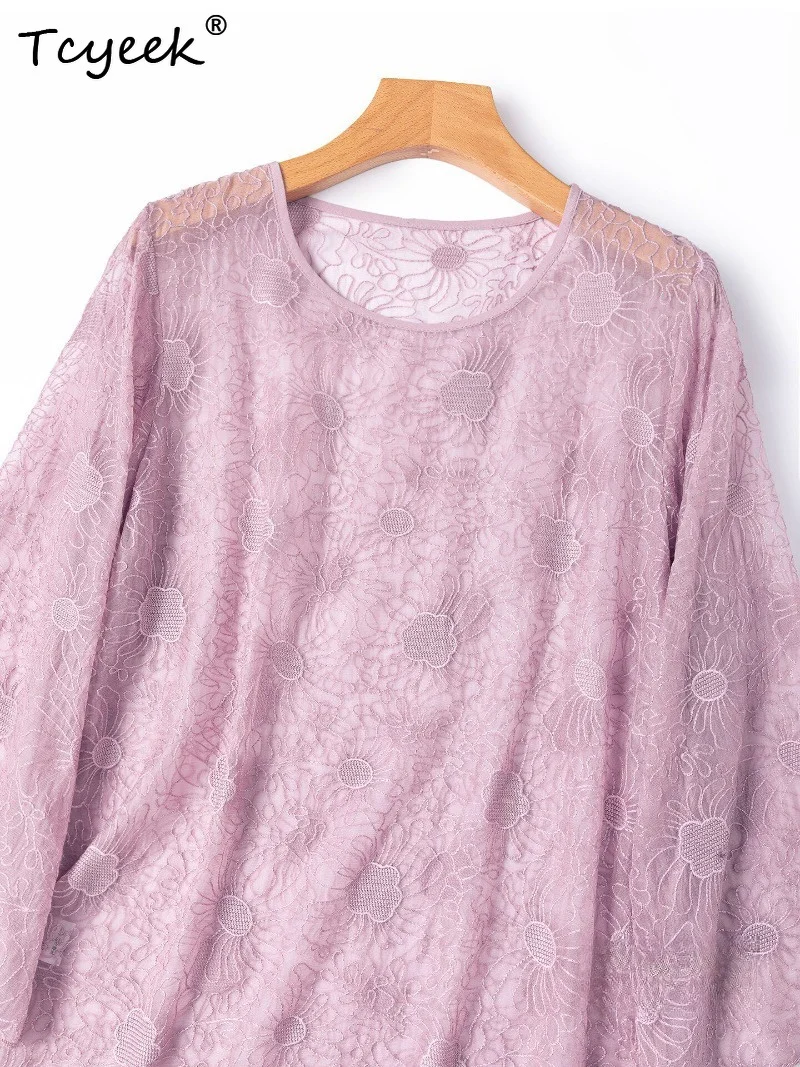 Tcyeek 100% Real Silk Shirts for Women 2026 Summer Exquisite Embroidered Loose Sun-protective Shirt Woman Clothing Chemise Femme