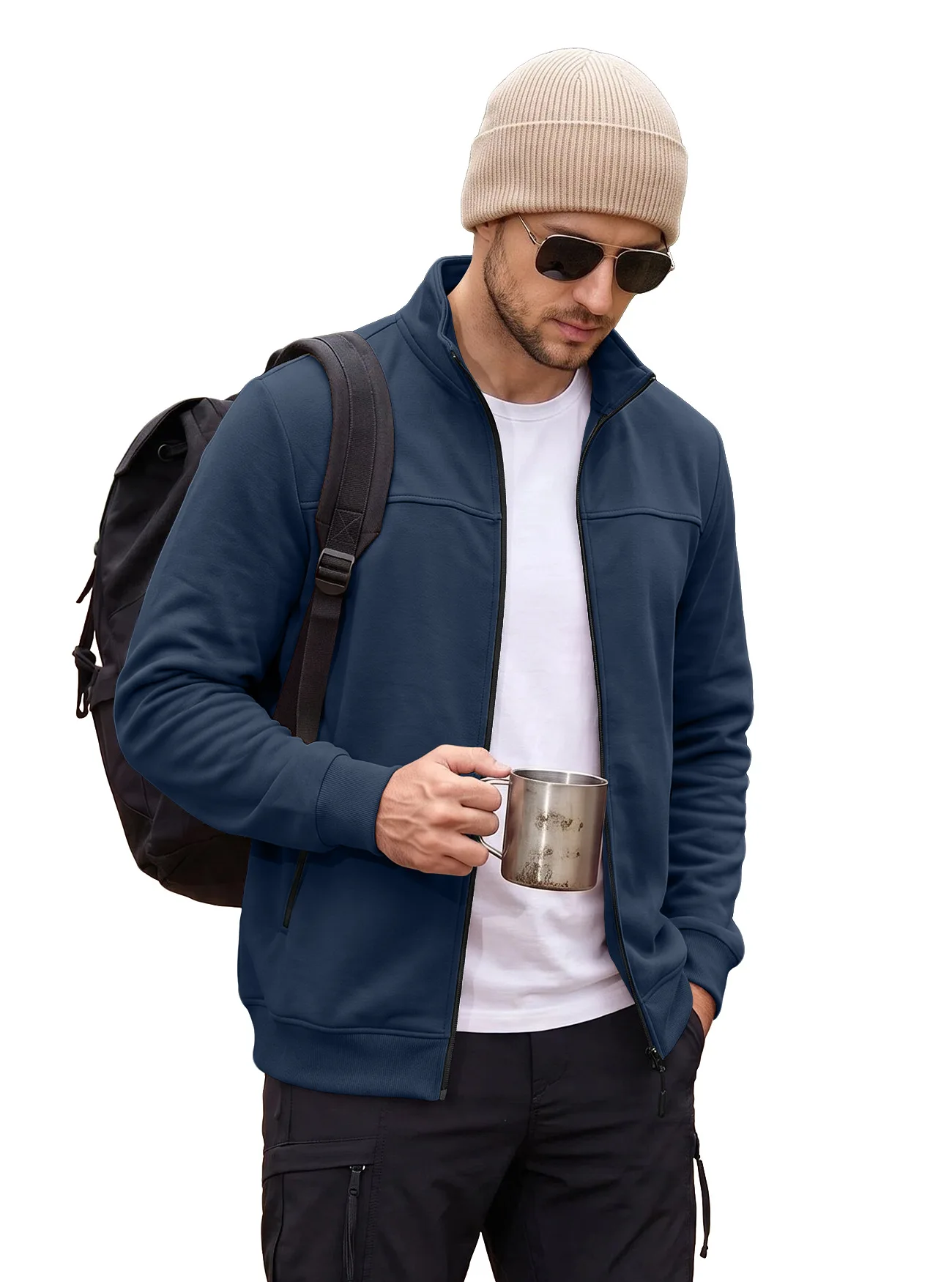 Men's Fall/Winter Stand Collar Fleece Lined Zipper Side Pocket Outdoor Casual Long Sleeve Cardigan Jacket