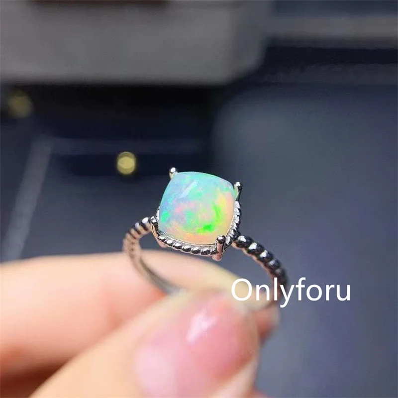 

October Birthstone 100% Natural Opal Ring for Daily Wear7mm*7mm White Opal Silver Ring Gift for Mother