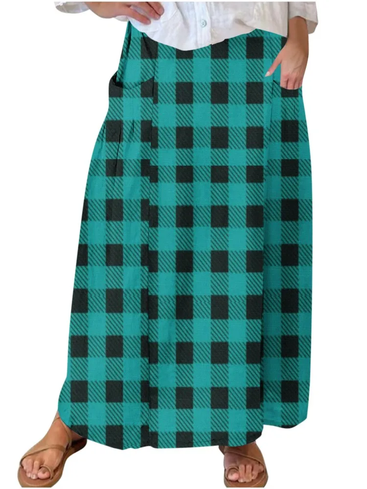 

Skirt For Female's Plaid And Striped Printed Pocket Ankle-length Ladies Loose Homewear Casual Vintage Fashion 2024 Spring Autumn