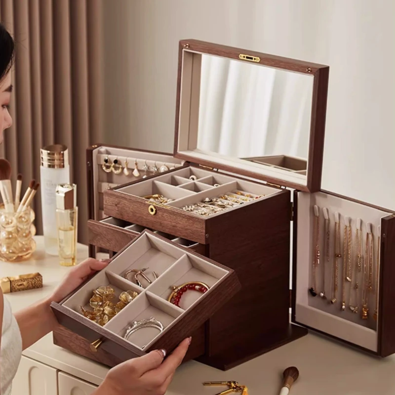 

Wood Jewelry Box Large Capacity Earring Necklace Storage Boxes Multiple Drawers Ring Organizer Boxes Retro Jewelry Box with Lock