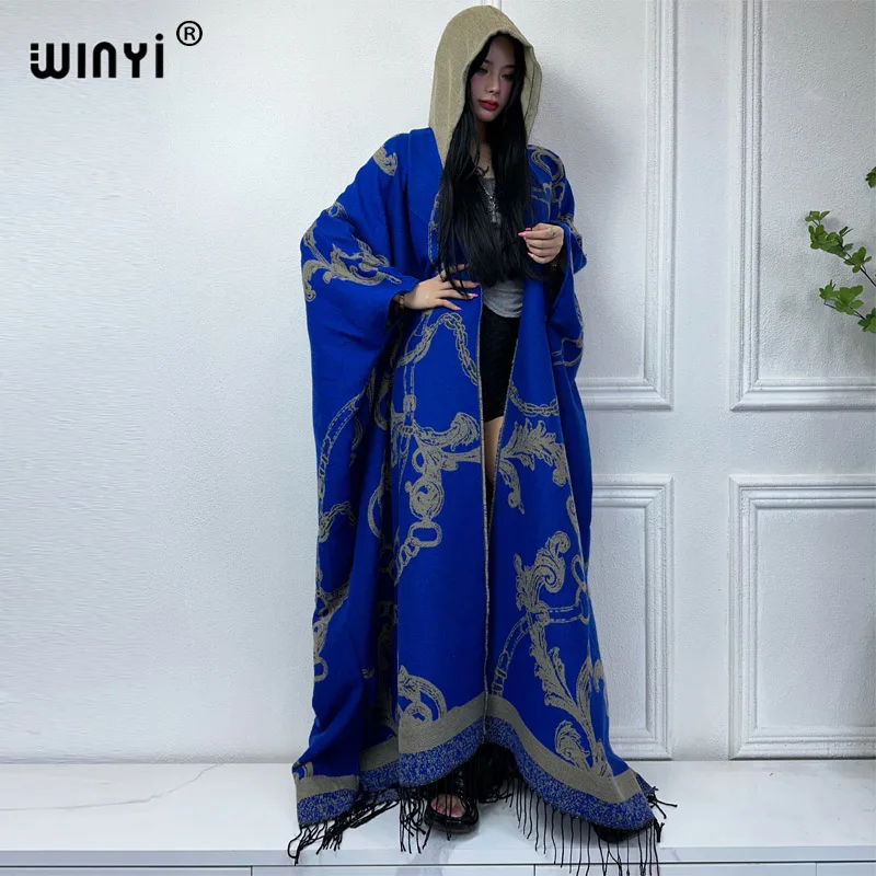 WINYI Winter print coat outfits Women high quality tassels dress Loose Thick Warm Female kaftan poncho Hooded mop coat Abaya