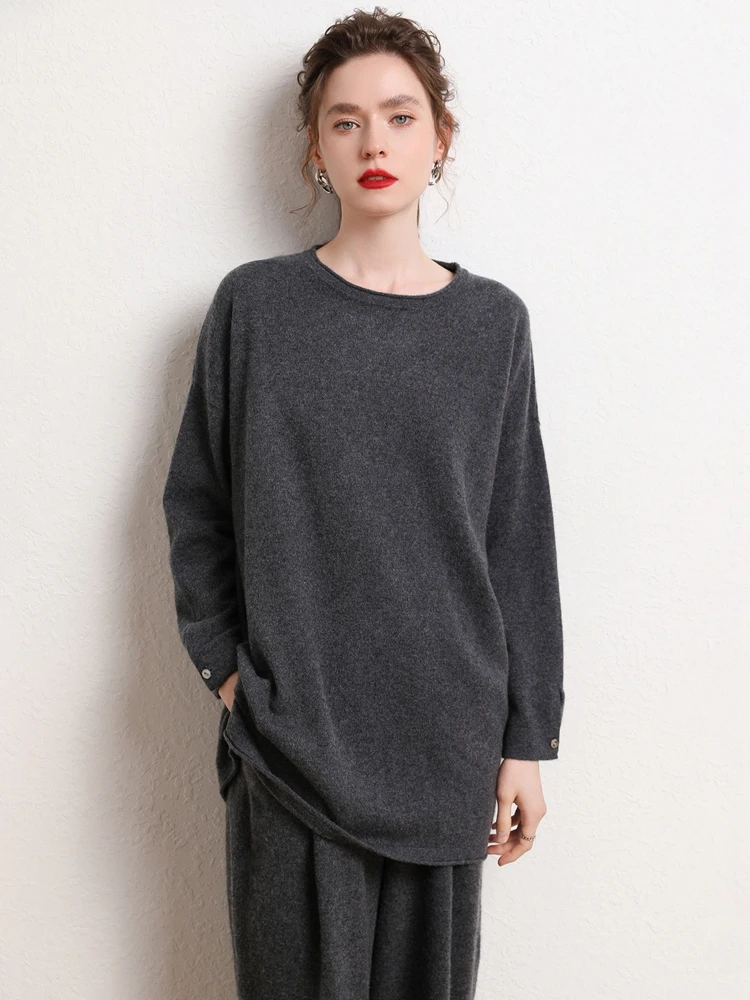 

Women 100% Pure Cashmere Pullover Sweater Autumn Winter Mid-calf Soild O-neck Loose Lazy Style Knit Coat Gentle Fashion High-end