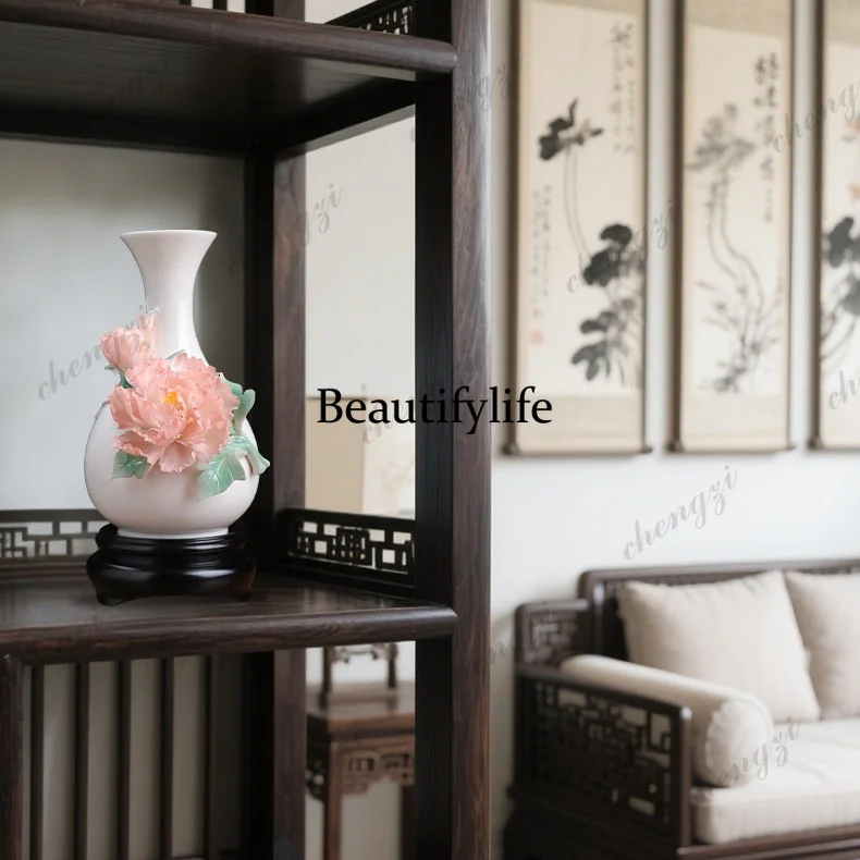 Intangible cultural heritage handmade ceramic peony vase ornament living room flower arrangement light luxury  home decoration