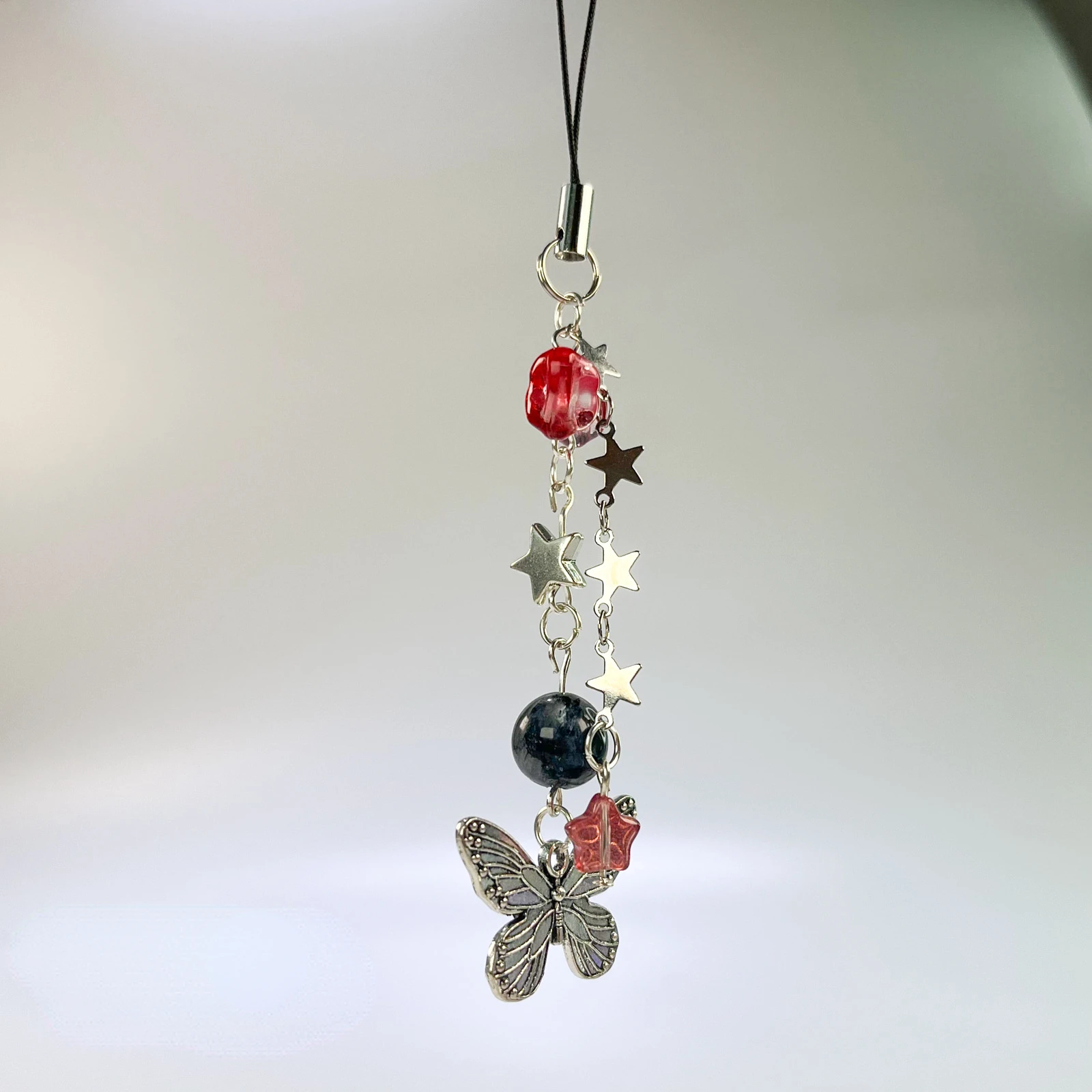 Original Black Red Bead Phone Charm Strap Metal Butterfly Star Pendant Cellphone Hanging Chain Keychain Bag Lanyard Keycord