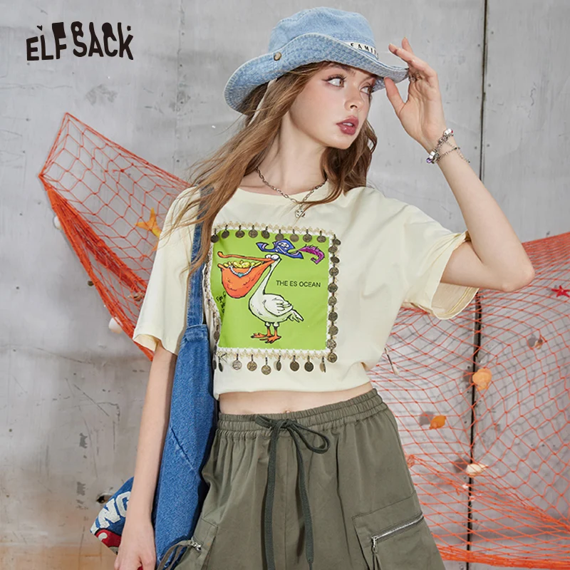 

ELFSACK 2024 Summer New Arrivals Cotton printed short sleeved T-shirt with a casual design for women, short top