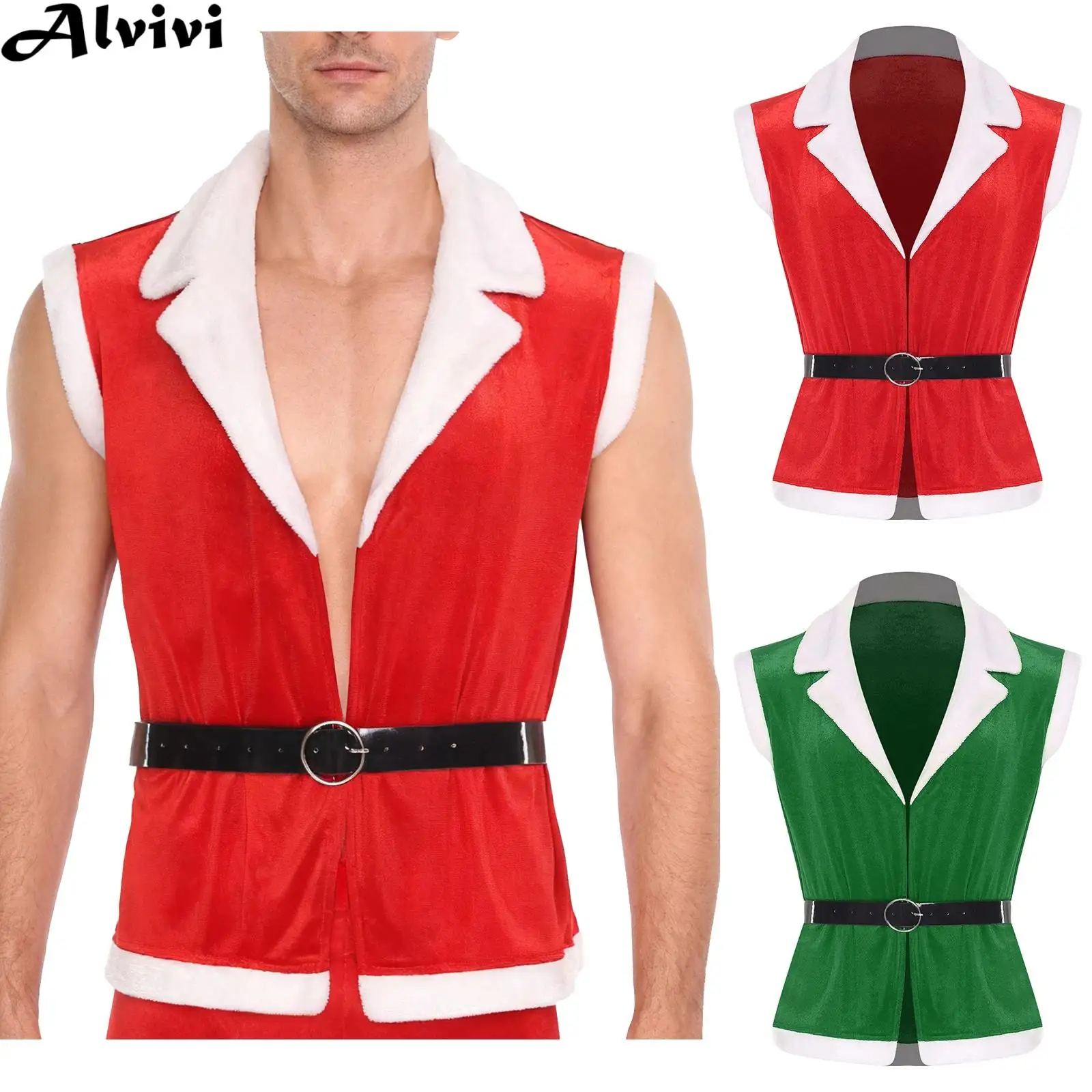 Men Christmas Velvet Vest Xmas New Year Party Carnival Santa Claus Cosplay Costume Open Front Waistcoat with Faux Leather Belt