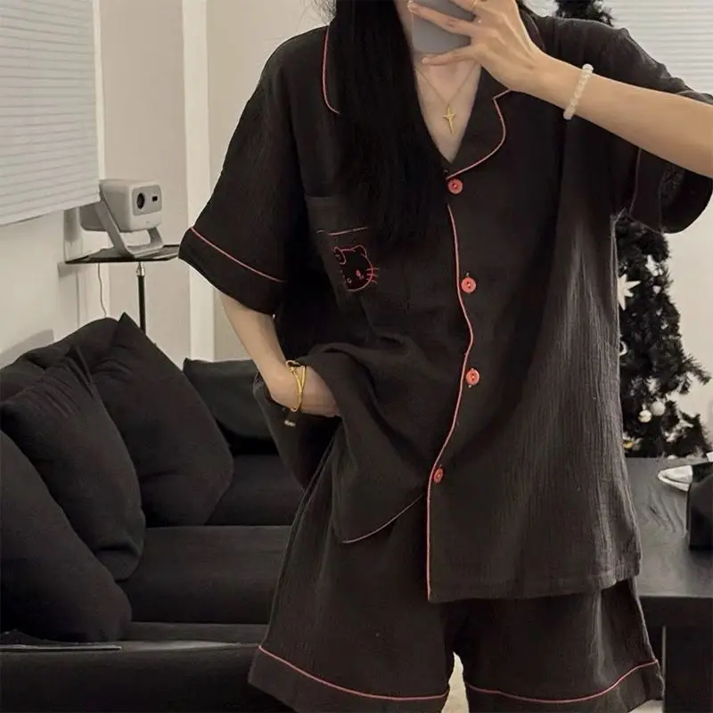 

Sanrio Hello Kitty женские черные пижамные комплекты Kawaii мультфильм летняя одежда для сна шорты с короткими рукавами сексуальная ночная рубашка домашний костюм новый