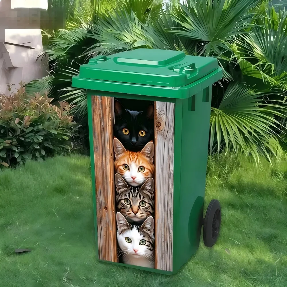 2D plan, 1 trash can sticker for four cats exploring outside the window, suitable for trash cans, walls, and home decoration