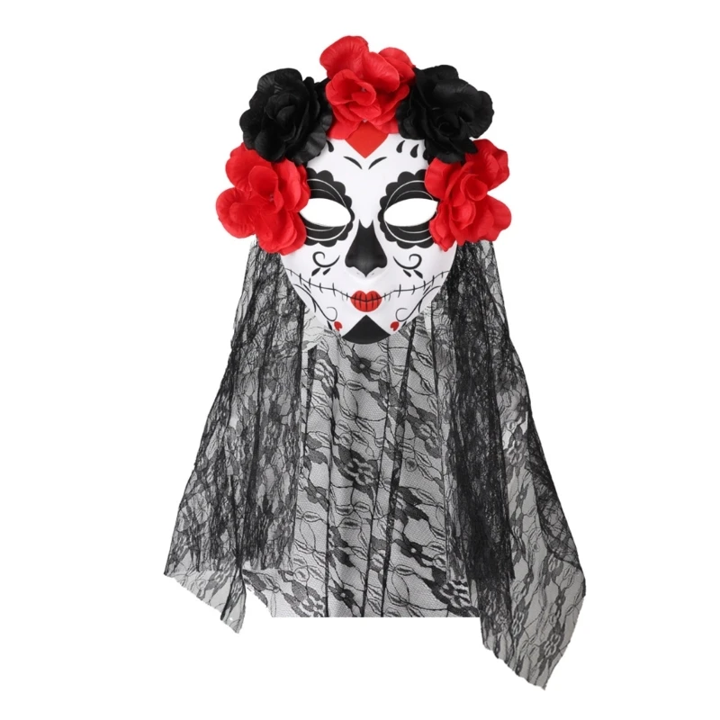 

Masquerade Mask Day of the Dead Mask Scary Bride Flower Headband with Lace Veil Drop shipping