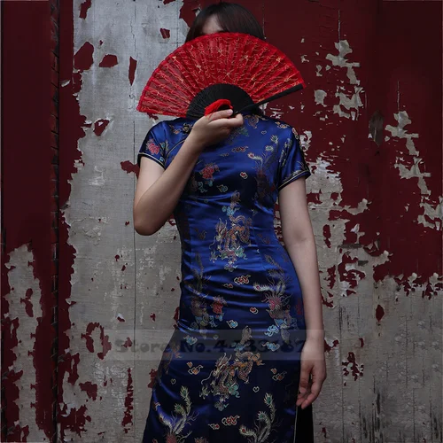 Imagen 2 del producto Qipao largo de gran tamaño para mujer, Vestidos chinos, Retro, Elegante, cuello mandarín, Cheongsam Sexy, ajustado, brocado, dragón, Phoenix