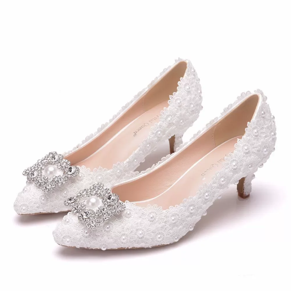 

Spring new pointed toe shallow pearl lace flower rhinestone buckle wedding shoes banquet large size thin high-heeled women shoes