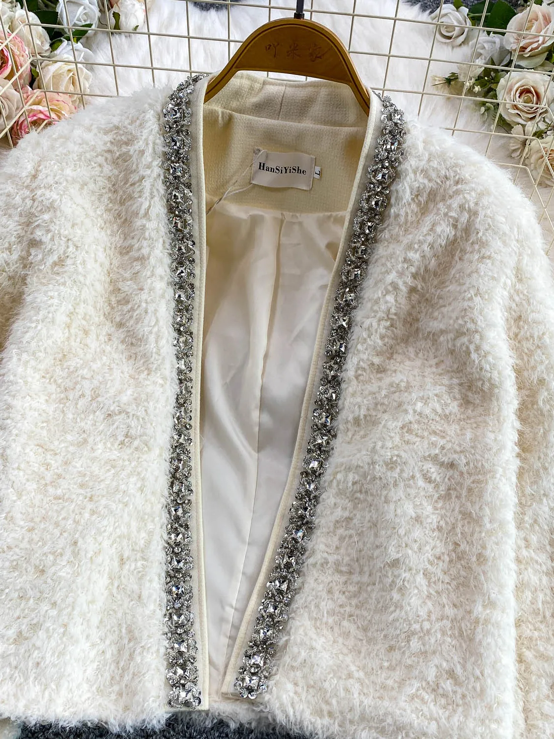 Chaqueta E con Cuello en V y Adornos de Diamantes, para Mujer, Talla ande, Estilo Francés, Hoada, de Manga Larga, ...