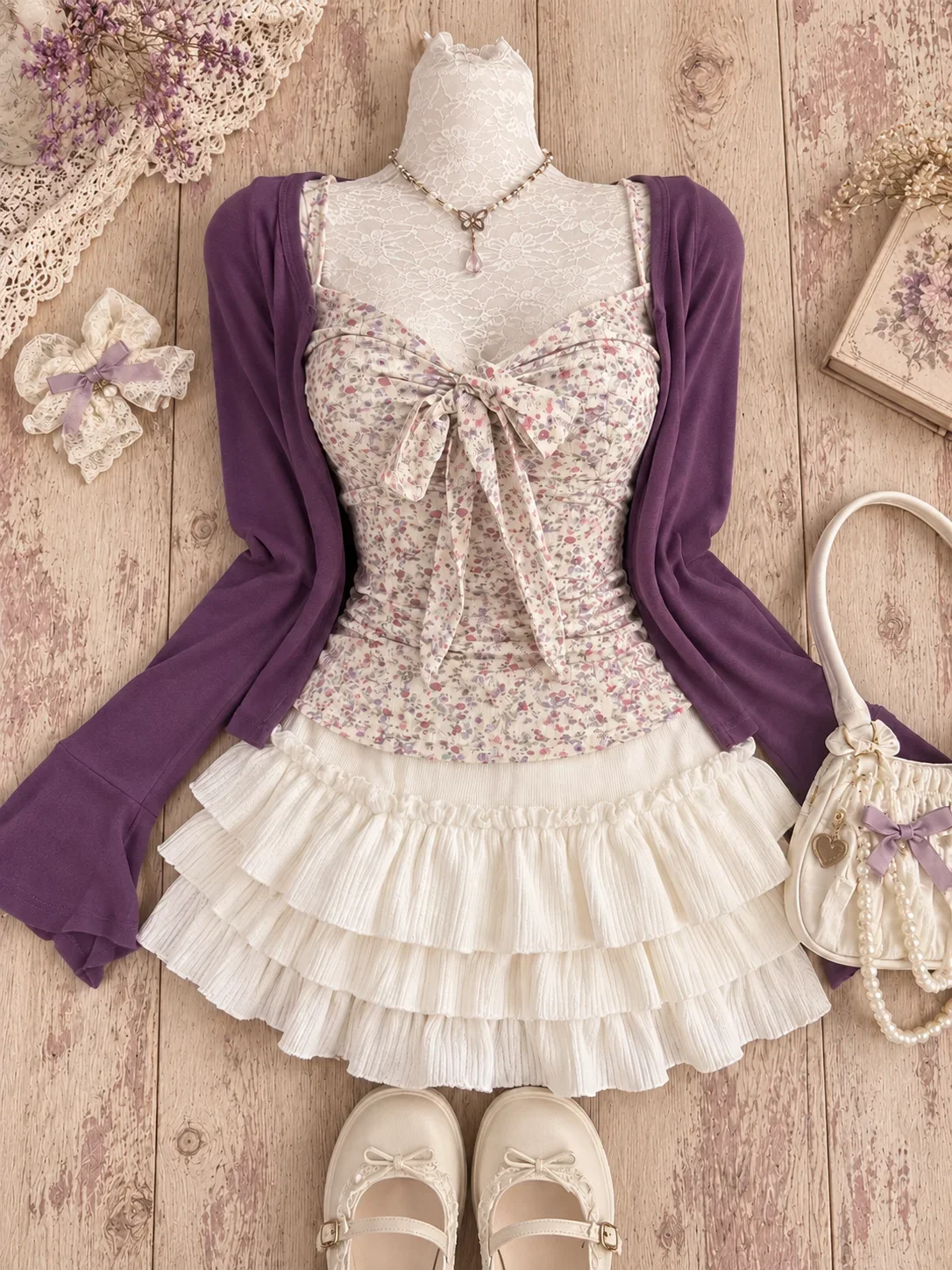 Japanese Preppy Sweet Matching 2 Piece Outfit Kawaii Bow Lace Patchwork Tops Y2k Mini Skirt Elegant Daily Fashion Outfits Trendy