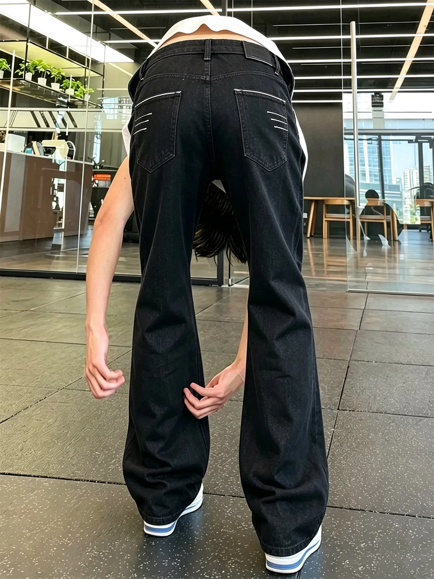 Four-Line Embroidery White Flared Jeans Men's CleanFit American High Street Bent Knife Straight Leg Pants Casual Wear