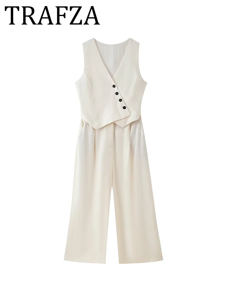 

TRAFZA Woman V Neck Long Vest Jumpsuit For Women 2025 Sleeveless Button Top Elegant Pant Summer Casual Bodysuit Ladies Outfit