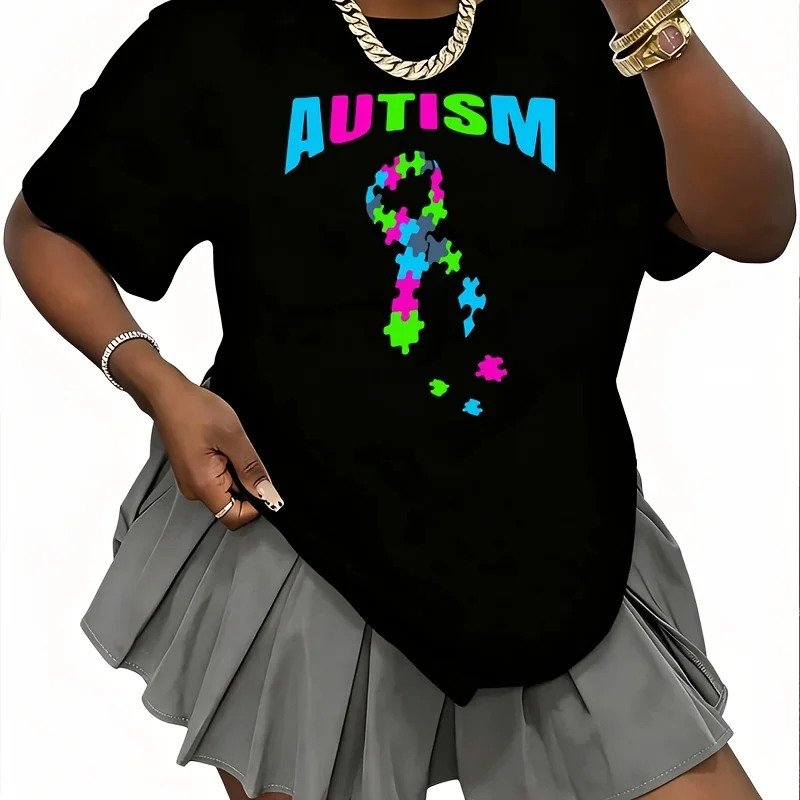 Autism Awareness Puzzle Pieces Women's 100% Cotton T-Shirt Fun Print Short Sleeve Top Casual Round Neck Tee S-5Xl