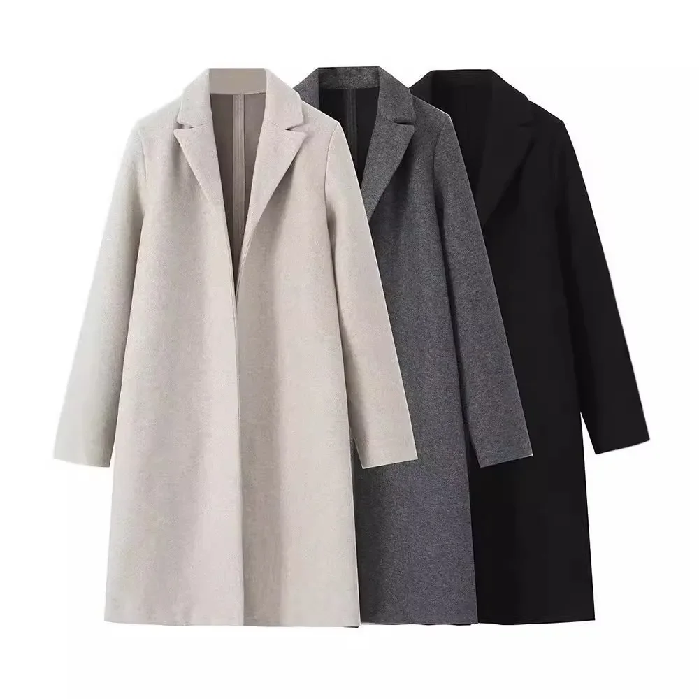 Women Autumn and Winter Fashion Solid Open Stitch Long Trench Coats Vintage V-Neck Full Sleeves Chic Lady Woolen Coat