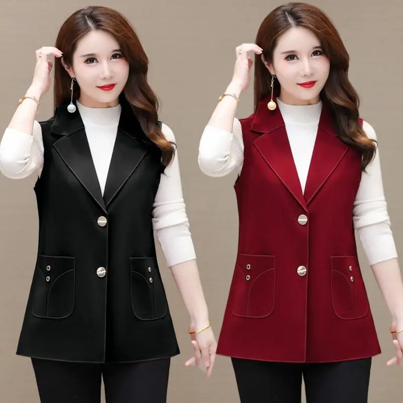 Elegant Lapel Button Spliced Pockets Vests Coats Women\'s Clothing Autumn New Loose All-match Tops Office Lady Jackets