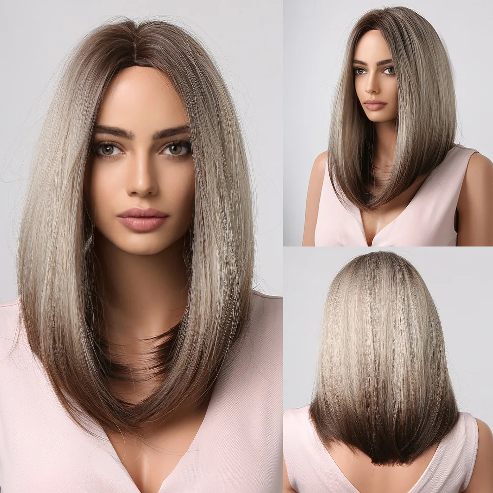 

Queen of temperament European and American style women's wig, medium brown mixed color short straight hair Bobo head, wig women'