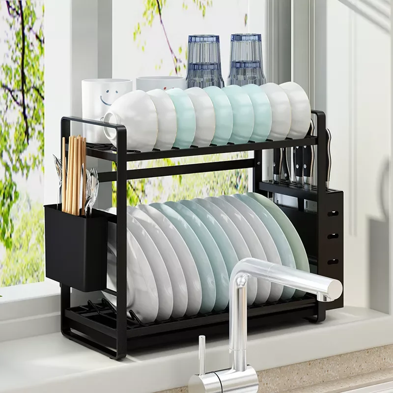

%￥ Capacity Double Layer Sink Dish Rack Home Kitchen Storage Drainer Drying Rack 2 Tire Rust-Free Plastic Metal for Dish Bowl
