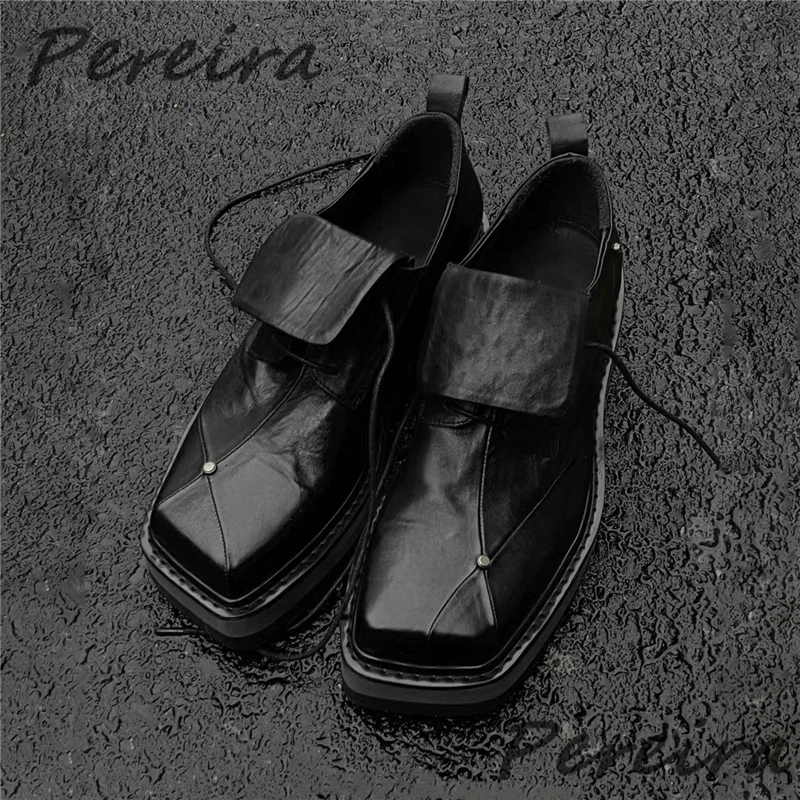 

Retro Pleated Genuine Leather Shoes for Men Women Square Toe Thick Soled Loafers Mules Summer New Fashion Couple Casual Shoes