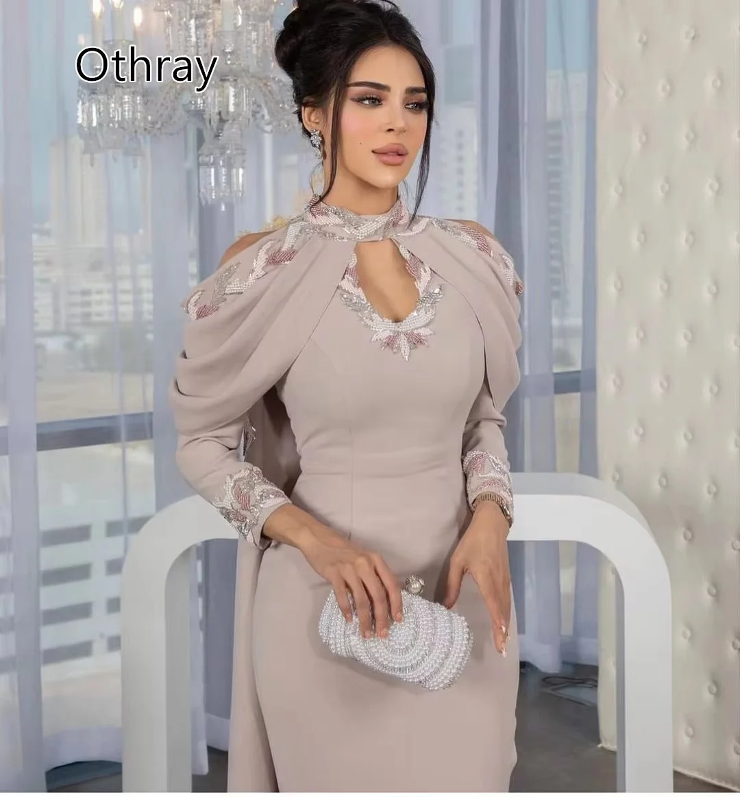 Otrray-vestido de noche de Arabia Saudita para mujer, precioso vestido con cuentas y abertura en forma de cerradura, mangas largas, vestido Formal para fiesta nocturna, tren trasero, Met Gala