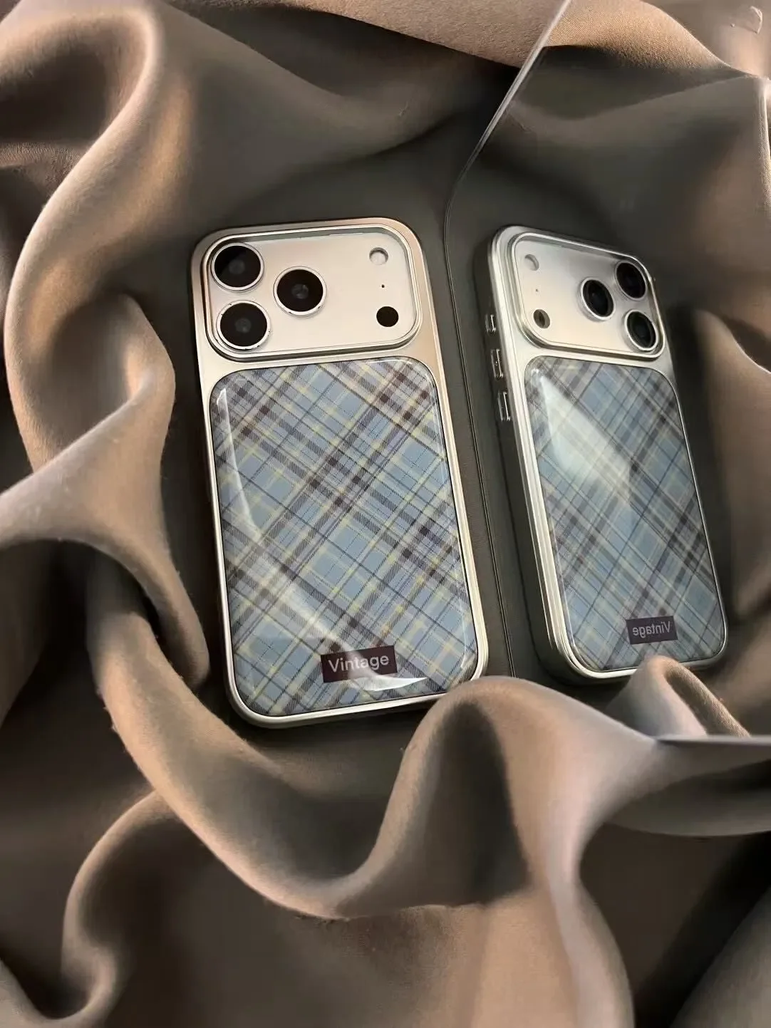 Funda de teléfono japonesa y coreana Ins Retro azul marrón a cuadros a la moda para iPhone 17 16 15 14 13 12 11 Pro Max Plus Y2K