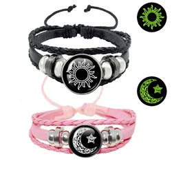 Luminous Sun Moon Lover Bracelet For Men And Women Vintage Handmade Multi layer Class Cabochon Leather Bracelet Gift Jewelry