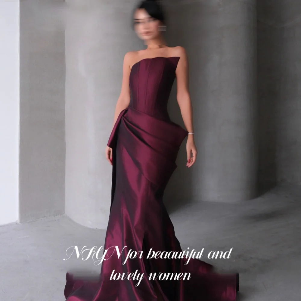 

NFYN Burgundy Trumpet Special Occasion Dress Strapless with Pleats Formal Dresses Gown Sleeveless Satin Evening Dress Customized