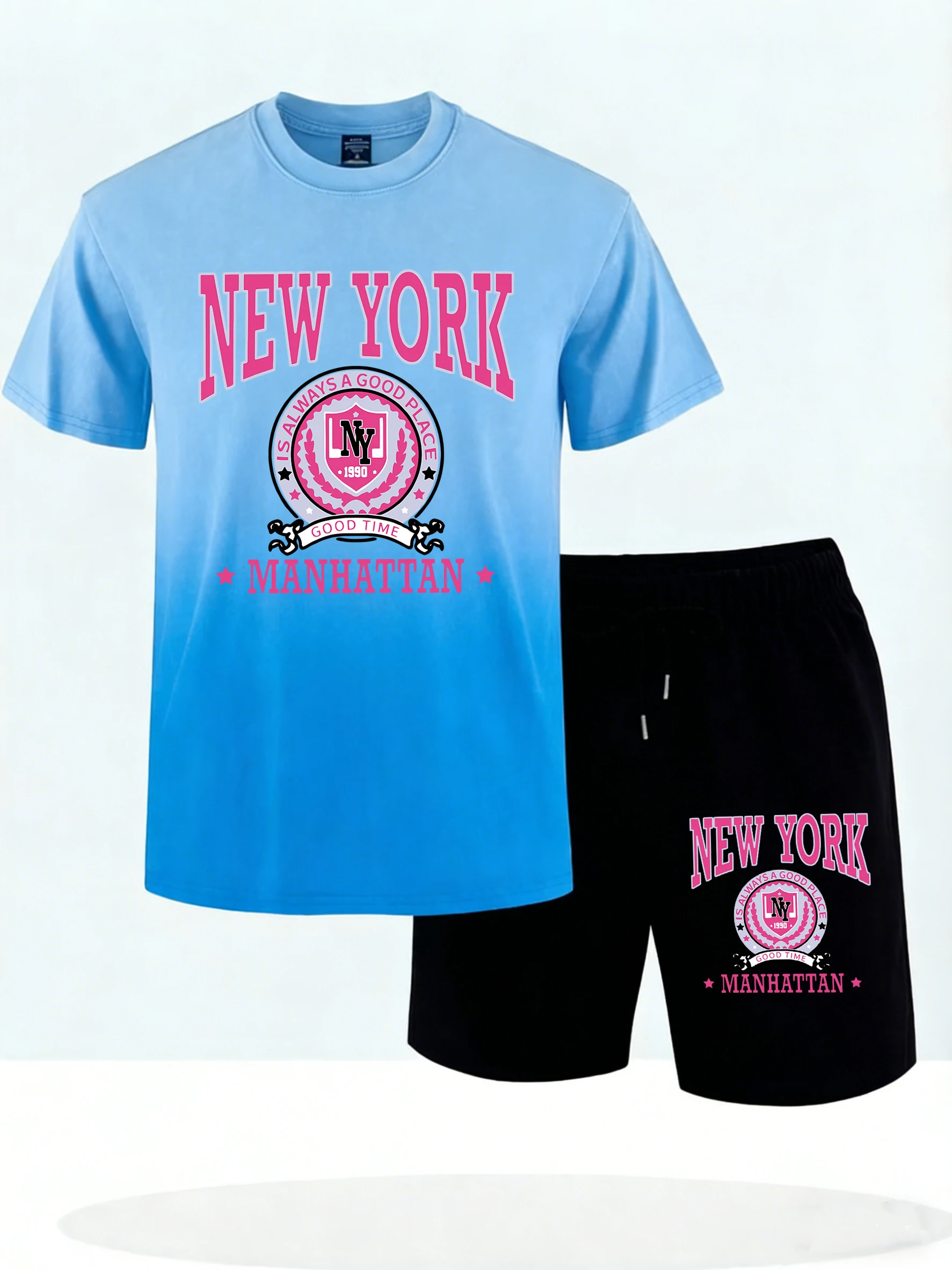 

New York Manhattan Printed Male Loose Summer Tie-Dye Short Sleeve Set Fitnessstretch Shorts Soft Beach T-Shirt Comfortable Tees