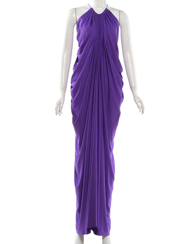 SIsterlinda Woman Elegant Party Dress Sexy Ruched Halter Sleeveless Trend Silky Skinny Gown Robe Chic Vacation Banquet Vestidos