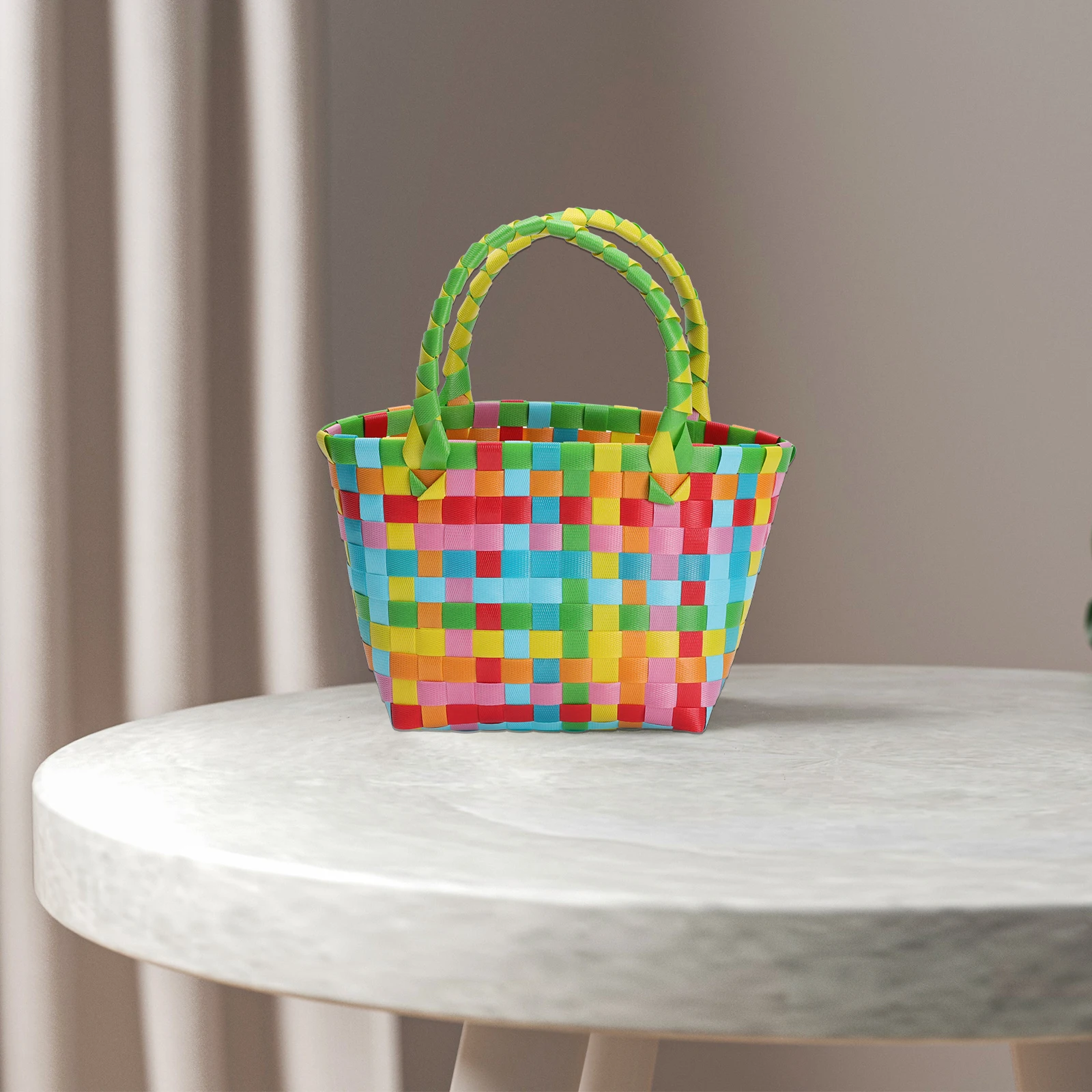 

1 Pc Plastic Basket Mini Woven Tote Bag Green Storage Holder Beach Snack Basket Female Bag Square Shape