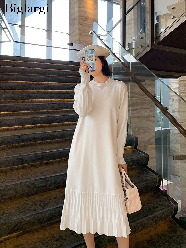 

Knitted Autumn Long Sleeve Dress Women Ruffle Pleated Korean Style Loose Ladies Dresses Casual Fashion Woman Long Dress