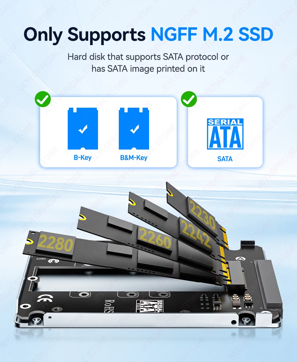 JEYI M.2 NGFF zu SATA 3.0 Festplattengehäuse, 6 Gbit/s, hohe Geschwindigkeit, unterstützt bis zu 2 TB, tragbares Mobilgerät, unterstützt 2230/42/60/80 SSD – Detail 4